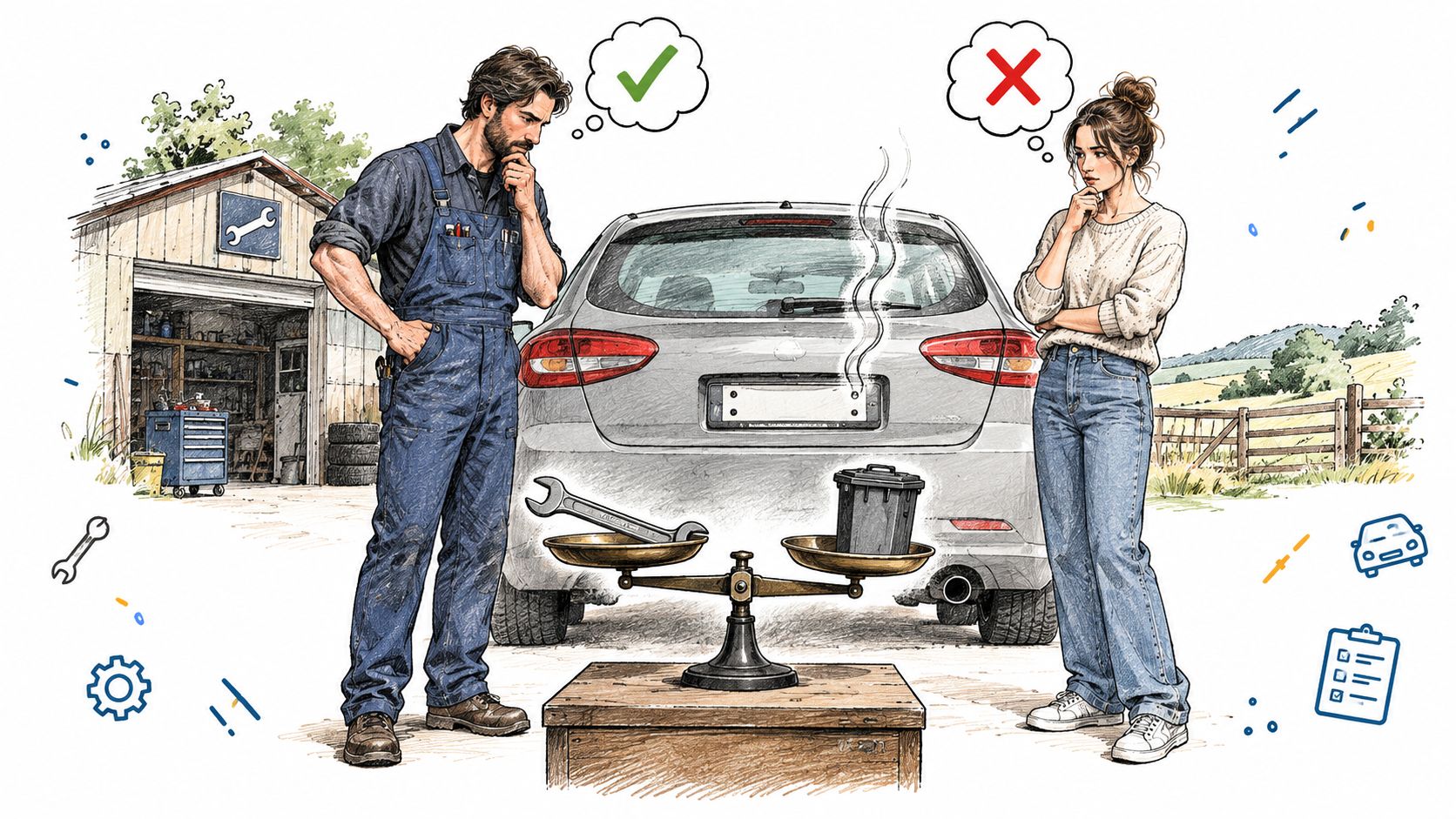 A mechanic and a woman comparing vehicle repair tools and waste disposal near a car with smoke.