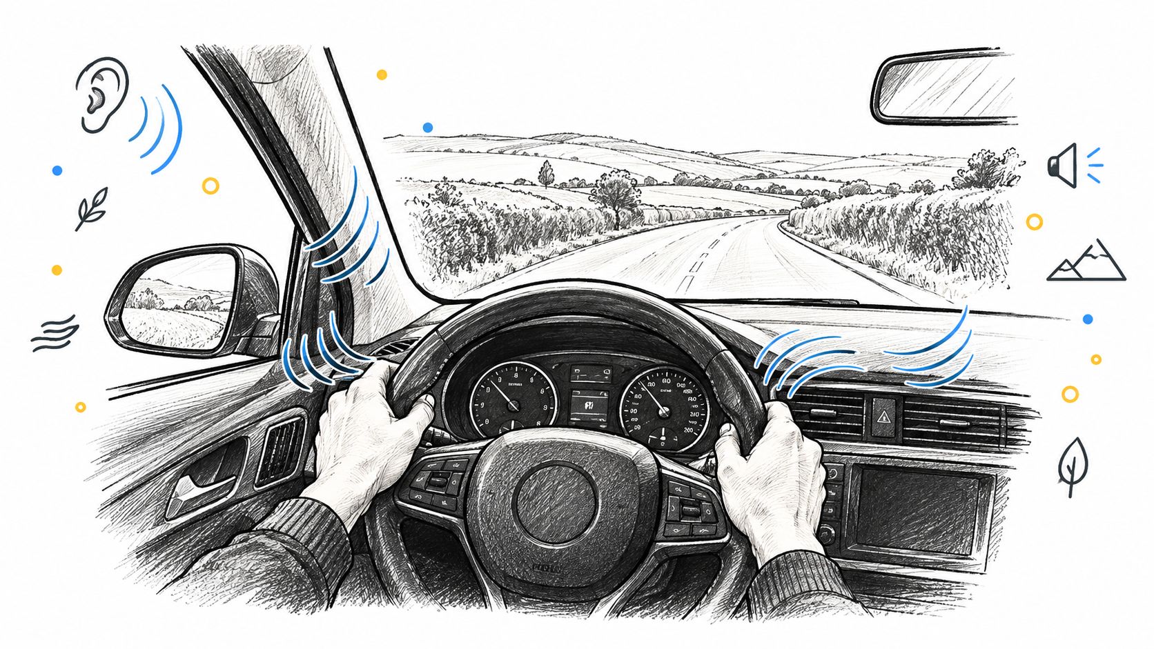 A pencil sketch from the driver's perspective shows hands on a steering wheel with visual sound indicators.