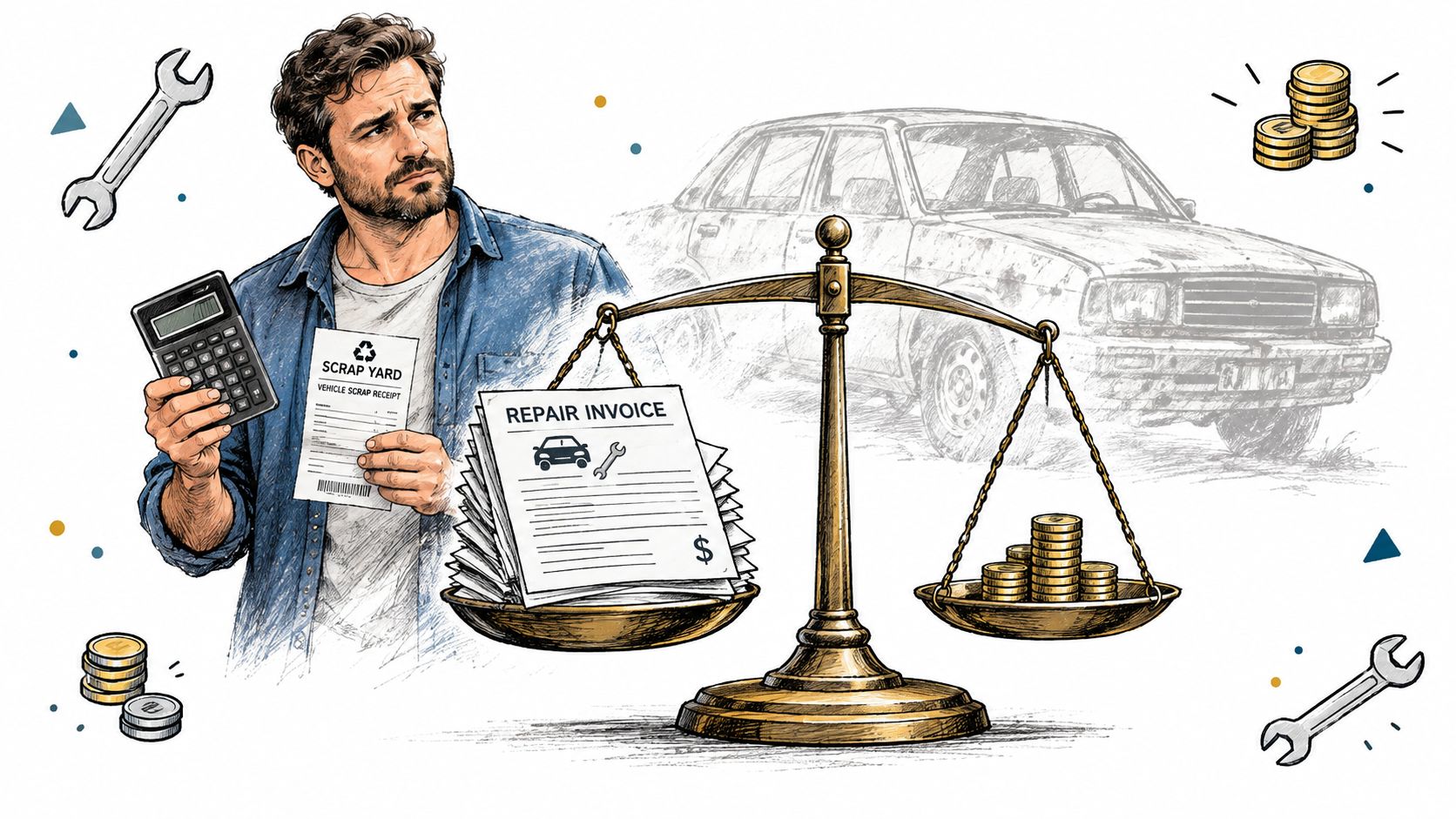 A man weighing the financial decision between paying for expensive car repairs or scrapping an old vehicle.