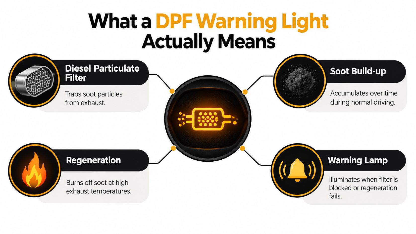 An infographic explaining the Diesel Particulate Filter, soot accumulation, regeneration process, and the DPF warning light function.