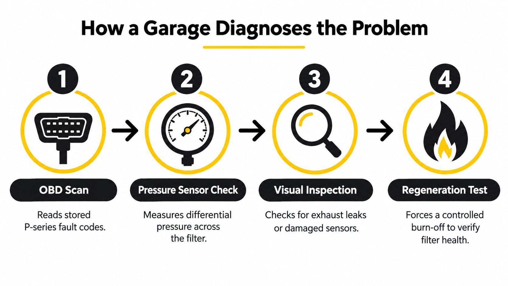 A four-step infographic illustrating how a garage technician diagnoses a vehicle DPF warning light problem.
