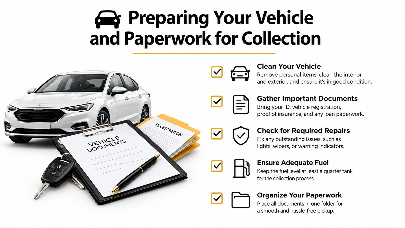 An infographic checklist for preparing your vehicle and paperwork for collection or disposal.