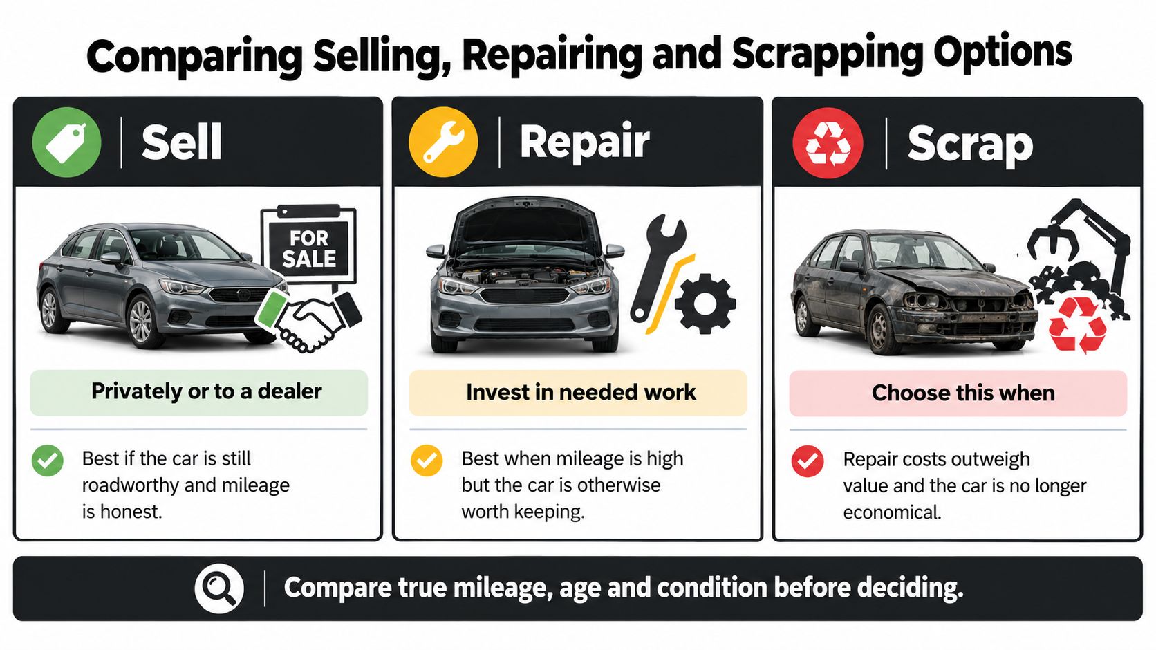 A comparison infographic showing three options for older vehicles: selling, repairing, or scrapping the car.