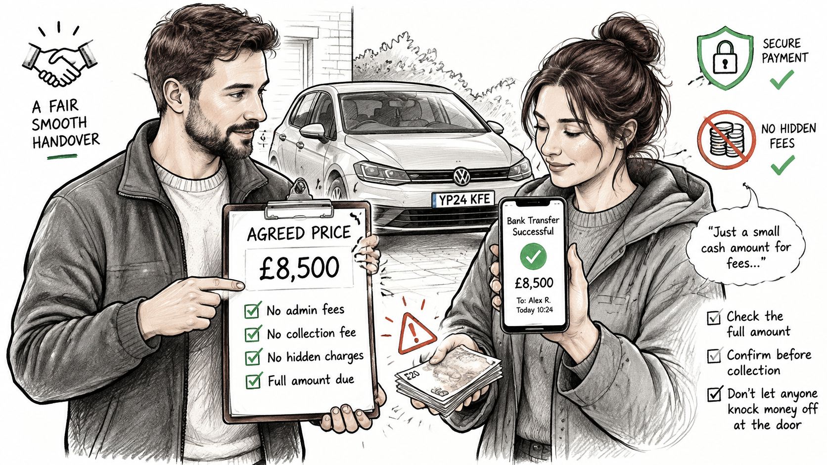 A man and woman demonstrating a secure, fee-free car sale transaction with clear payment and handover steps.