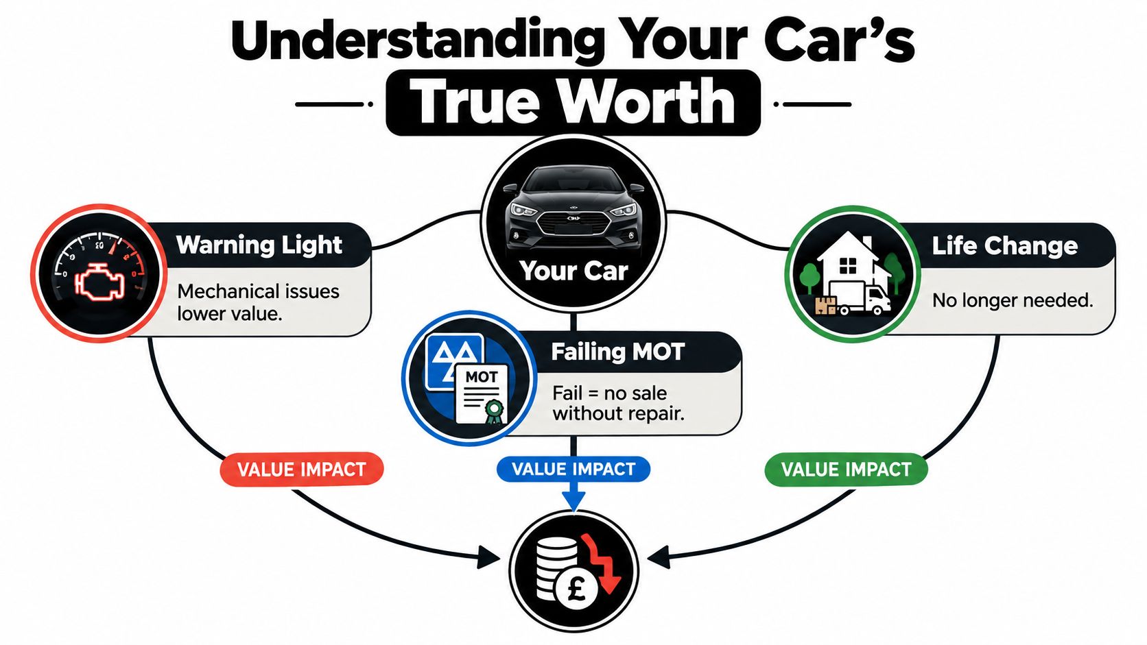 A diagram explaining factors that affect a car's resale value, including warning lights, MOT failure, and life changes.