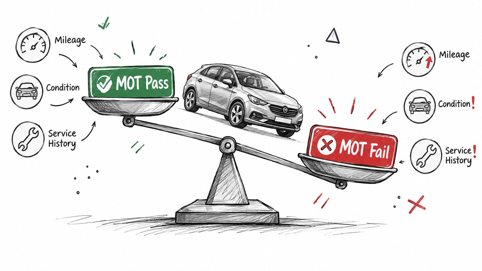 A hand-drawn illustration depicting a balanced scale comparing vehicle MOT pass and MOT fail factors.